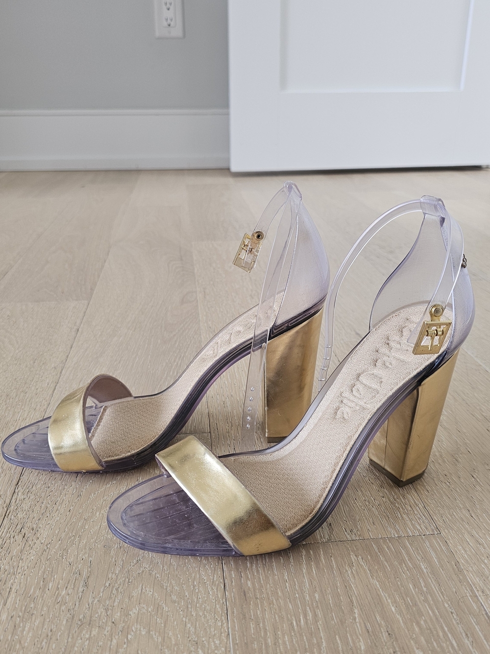 Clear Strap Gold Block Heel Pumps - Women